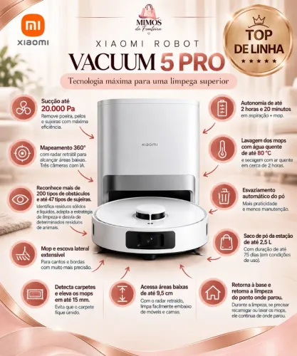 Aspirador Robô Inteligente Xiaomi Vacuum 5 Pro 110v / 220v
