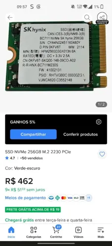 Ssd nvme Sk Hynix 256gb M2