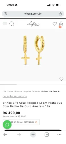 Brinco Life Cruz Religião Ll Em Prata 925 Com Banho De Ouro Amarelo 18k