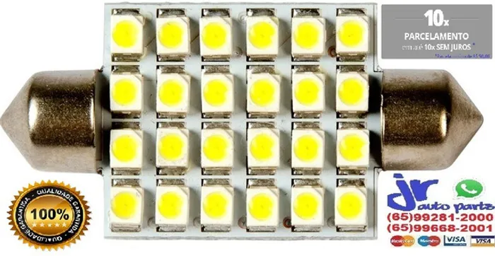 Lâmpada LED Torpedo 24 LEDs Branca Placa Teto e Porta Malas