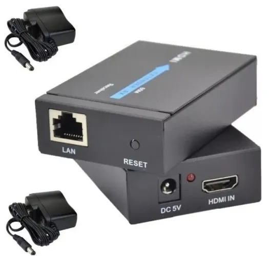 Extensor Hdmi x Rj45 Cabo de Rede Cat5E e Cat6 3d 1080p com 2 Fontes Bivolt 60 Mts