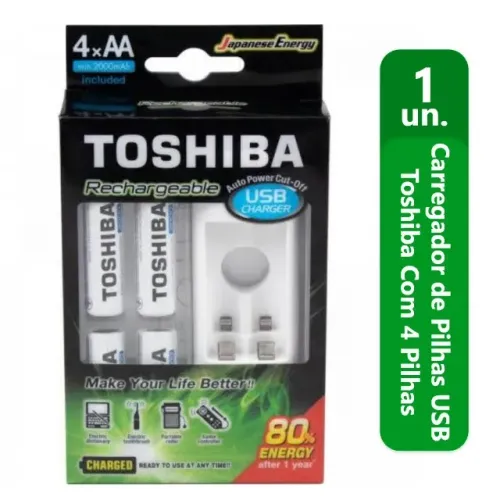 Carregador Pilha Toshiba + 4 Pilhas Aa Recarregável 2000mah