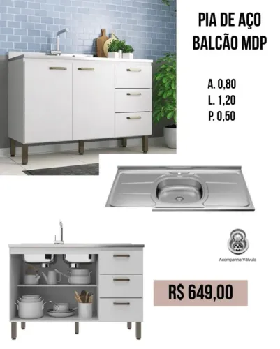 Armário de Cozinha com Pia de Aço - Novo