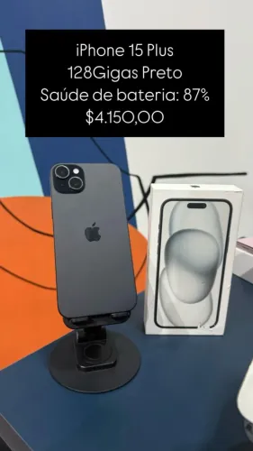 iPhone 15 Plus / 128GB / Preto / Saúde de bateria: 87% / R$ 4.150,00/ TODO ORIGINAL