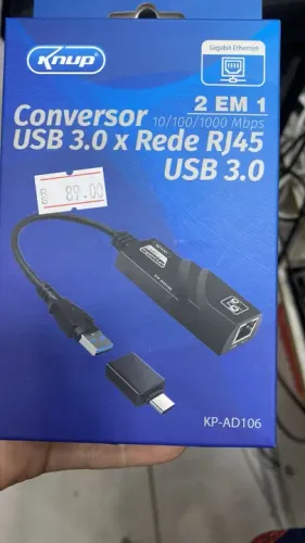 Adaptador USB 3.0 e Tipo-C para RJ45 - Gigabit Ethernet 10/100/1000 Knup KP AD106