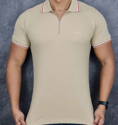 Camisa Polo Boss Bege com Zíper moda 2025 blackfriday Natal - Reveillon