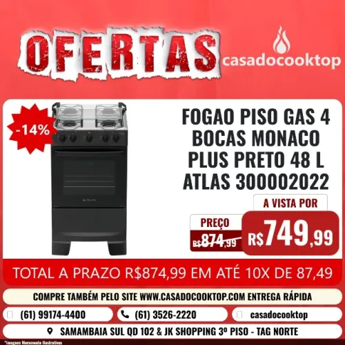 FOGAO PISO GAS 4 BOCAS MONACO PLUS PRETO 48 L ATLAS 300002022