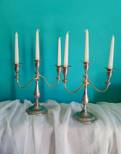 Antigo Par de Candelabros Ingleses Old English Prata 3 Velas