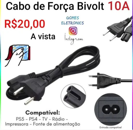 Cabo Força Energia Bipolar Tv Radio Ps3 Ps4 Fonte Impressora (Loja Fisica)