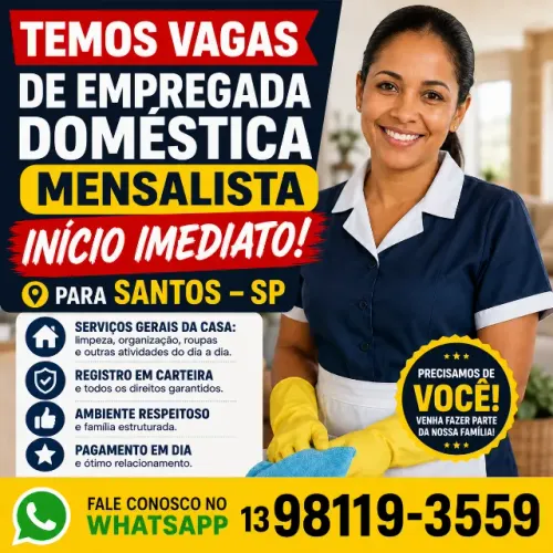 Vaga Para Empregada Doméstica Com Experiência e Referências em Santos