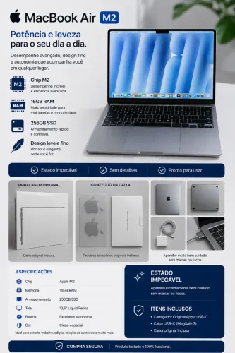 MacBook Air M2 | 16GB RAM | 256GB SSD | Bateria 99% | Caixa Original | Estado Impecável