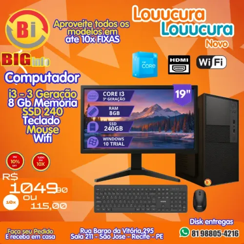 Computador Completo Intel Core I3 8gb Ssd 240gb Teclado Mouse Monitor Led 19