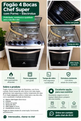 Fogão 4 Bocas Chef Super Electrolux com Forno