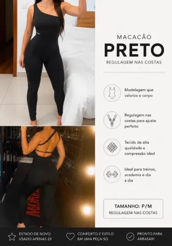 Macacão fitness um ombro preto