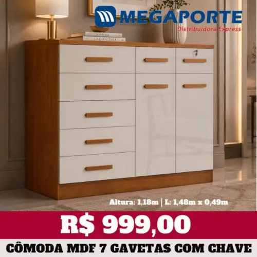 Cômoda 100% MDF com Chave 7 Gavetas (Novo) Entrega Grátis!