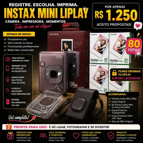 FUJIFILM INSTAX MINI LIPLAY + 80 FILMES ORIGINAIS LACRADOS + 2 CAPAS - ESTADO DE NOVA