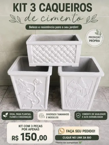 Kit com 3 Caqueiros de Cimento Artesanais