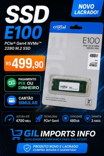 SSD NVMe M.2 480GB Crucial E100 Gen4 - Novo Lacrado