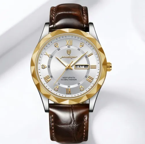 Relogoo de Luxo Fashion Poedagar 615 White Rose Gold Pulseira Couro Marrom Bisel Dourado