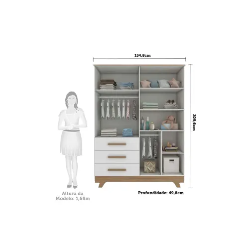 Guarda-roupa Infantil 4 Portas 3 Gavetas em MDF Branco Brilho/Carvalho