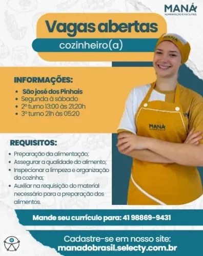 Vaga cozinheira São José dos Pinhais