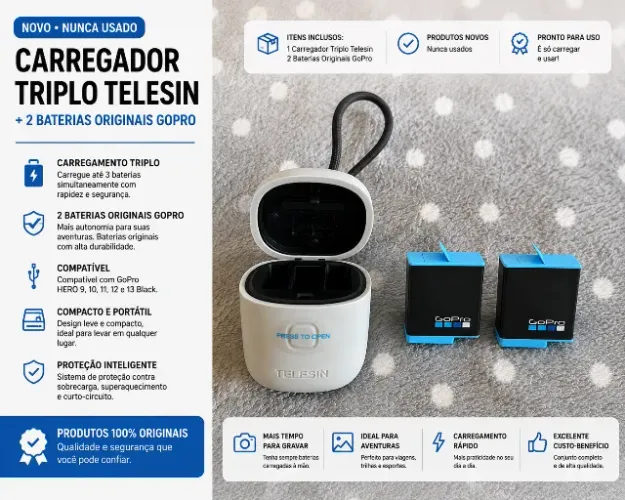 2 baterias ORIGINAIS GoPro + carregador Telesin