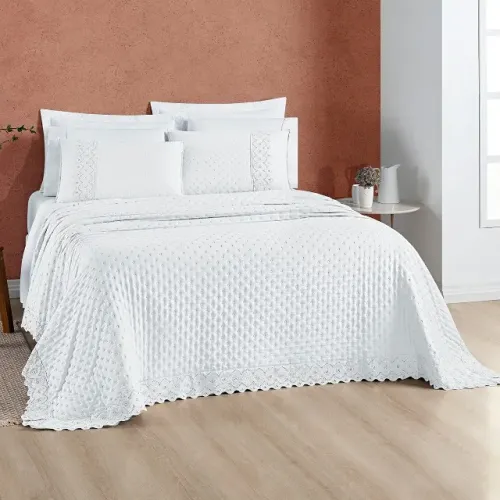 Cobre Leito Queen 03 Peças Branco Neve Bordado Inglês