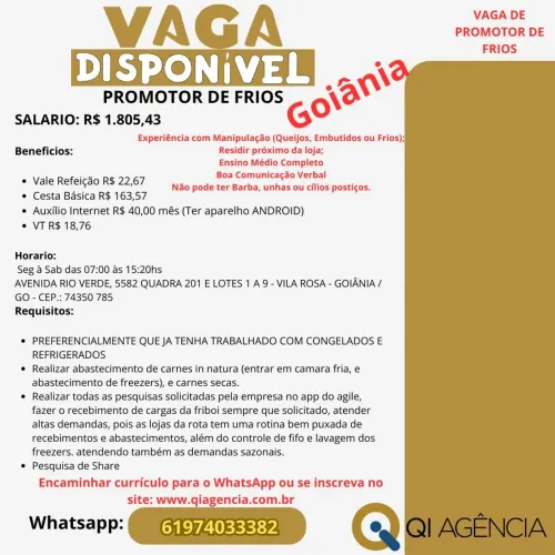 Vaga para promotor de frios