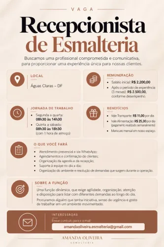 Recepcionista de Esmalteria | Águas Claras - DF