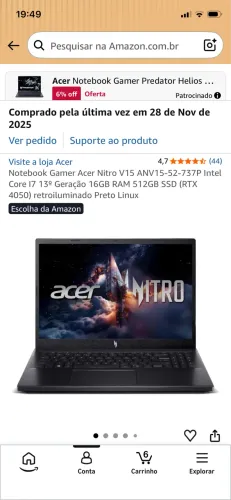 Notebook Gamer Acer Nitro V15 Intel Core I7 13º Geração 16GB RAM 512GB SSD (RTX 4050)