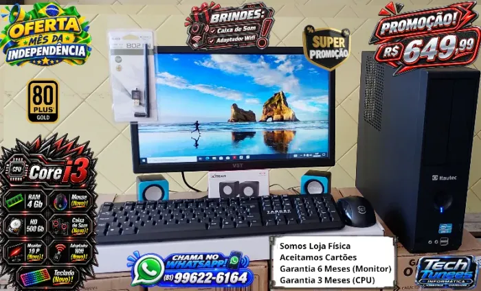 PC Completo (Core I3-4Gb Ram-SSD 120Gb ou HD 500Gb-(NOVOS:Monitor 19, Caixa Som, Adaptador