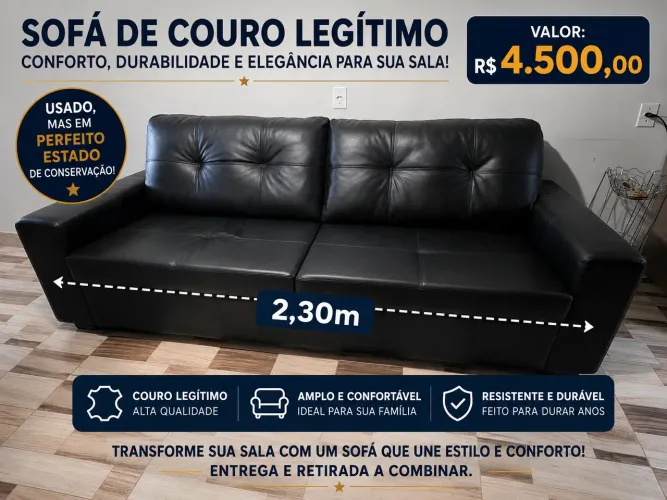 Sofá de Couro Legítimo Grande 2,30m - Conservação Perfeita