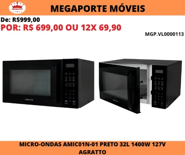 Micro-Ondas 32 Litros Agratto 127V 1400W