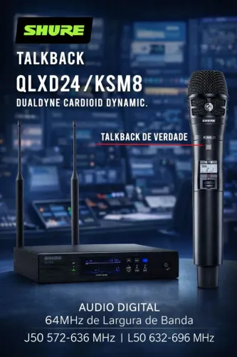 Microfone TalkBack Sem Fio Original SHURE QLXD24 KSM8 Black - L50 632-696MHz Digital 
