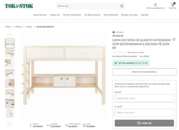 TOK&STOK - CAMA INFANTIL INTEGRADA COM ESCRIVANINHA E ESCADA