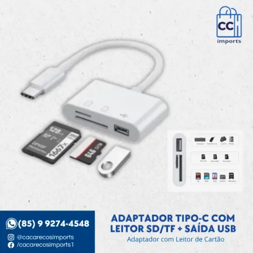 Adaptador Tipo-C - Leitor SD/TF + Saída USB