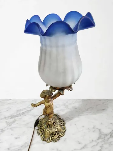 Luminária Abajur Anjo Querubim Bronze Dourado Cúpula Tulipa Vidro Azul - Vintage Luxo