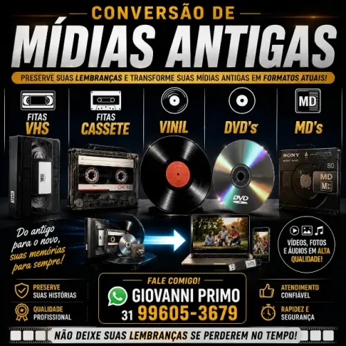 Conversão de fitas VHS, fitas Cassete, Vinil, Dvd´s e MD´s