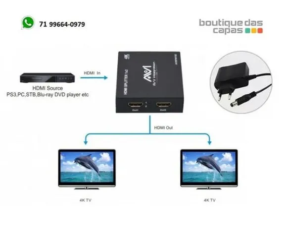 Splitter distribuidor hdmi 1 x 2 full hd 1080p divisor de sinal hdmi com fonte p 2 tvs