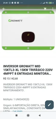 INVERSOR GROWATT MID 15KTL3-XL 15KW TRIFASICO 220V 4MPPT 8 ENTRADAS 