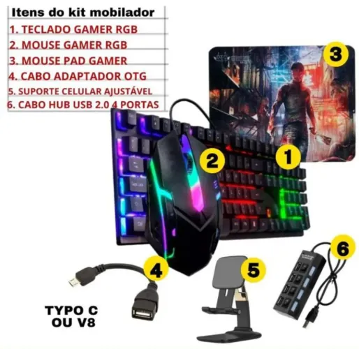 Kit Mobilador iGamer- Teclado Mouse Mousepad Cabo Adaptador Suporte Celular Hub USB