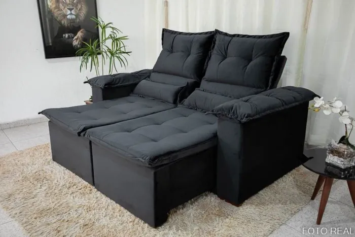 Sofá Retrátil Reclinável 2 Lugares 180cm Veludo Preto