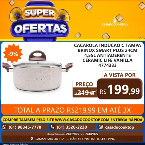 CACAROLA INDUCAO C/ TAMPA BRINOX SMART PLUS 24CM 4,55L ANTIADERENTE CERAMIC LIFE VANILLA