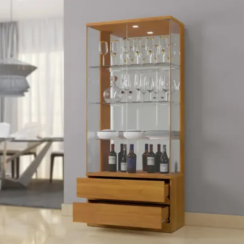 Cristaleira 2 Portas Vidro COR CINAMOMO em mdf c/ Led puxador em aluminio