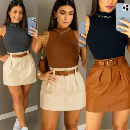 Conjunto Feminino Alfaiataria Short Saia com Cinto + Cropped Canelado Elegante Look Sofist