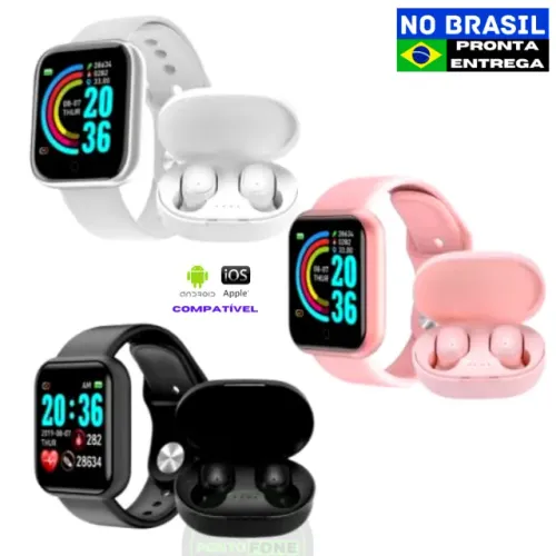  Kit Relógio Smartwatch D20 + Fone Bluetooth TWS - Novo!