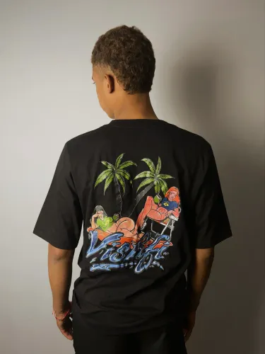 Camiseta Vishfi Preta Streetwear Estampada Frente e Costas Unissex Tamanho M