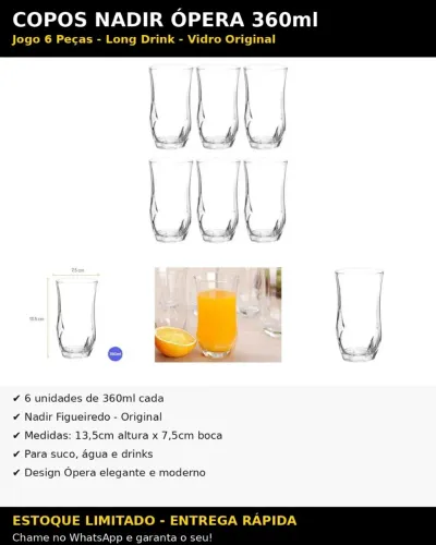 Jogo de Copos de Vidro Long Drink 360ml 6 Peças Nadir Ópera