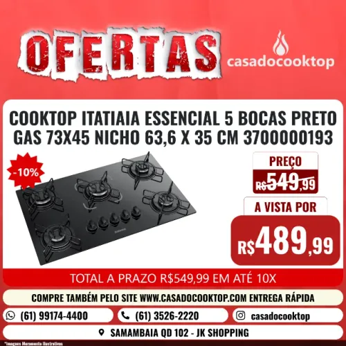 COOKTOP ITATIAIA ESSENCIAL 5 BOCAS PRETO GAS 73X45 NICHO 63,6 X 35 CM 3700000193