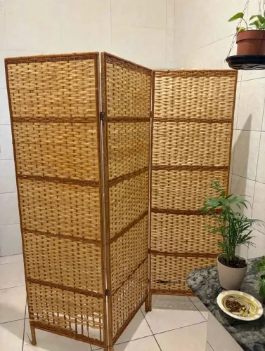 Biombo Divisório Em Vime / Bambu 3 Folhas